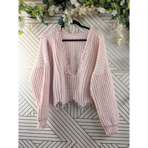 WILDFOX Deep-V Reversible Palmetto Sweater Fringe Seashell Pink Size Medium - Picture 1 of 8